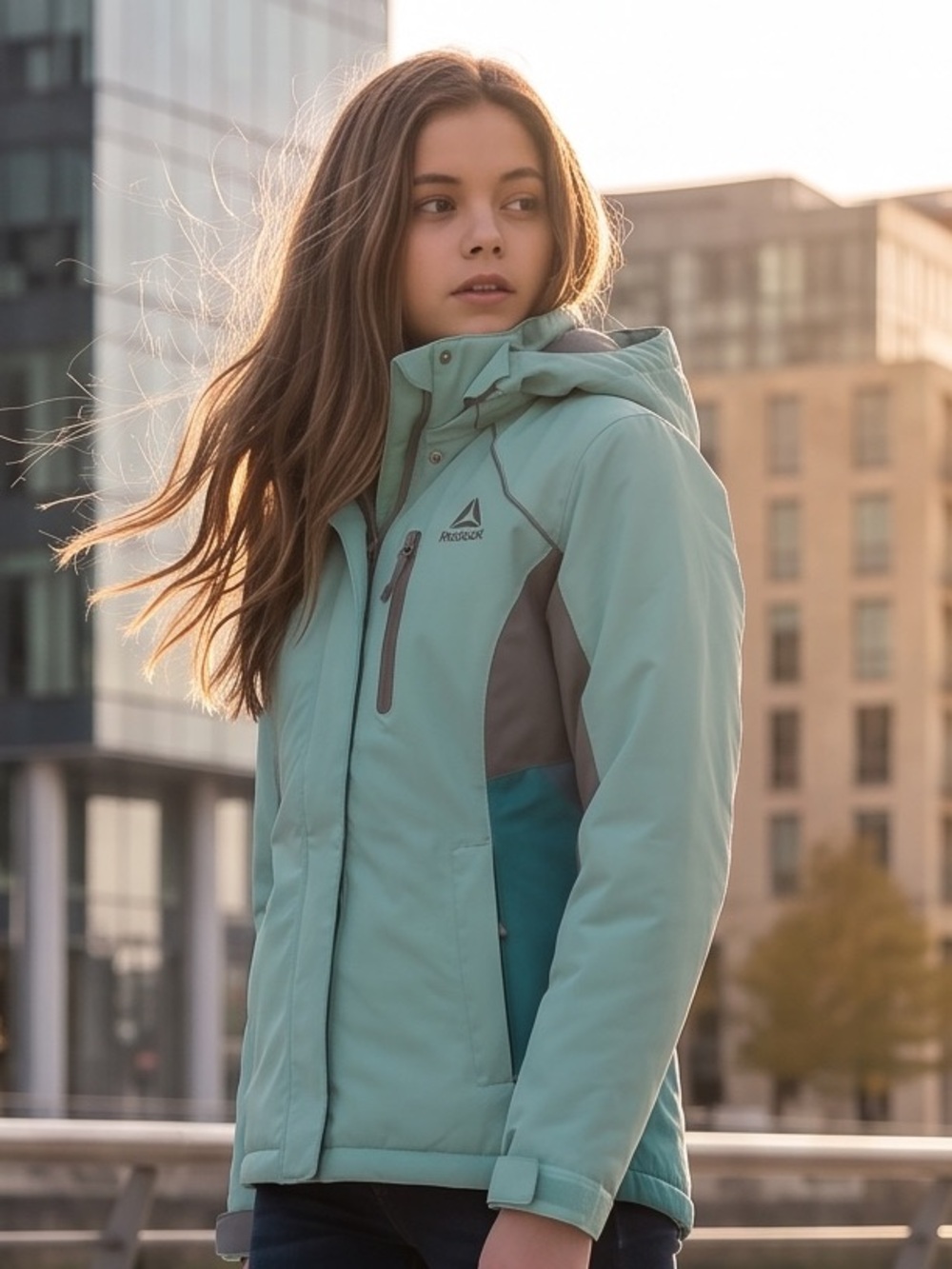 Reebok Youth Girls Fleece-Lined Hooded Softshell Jacket Mint Blue Grey M 10/12